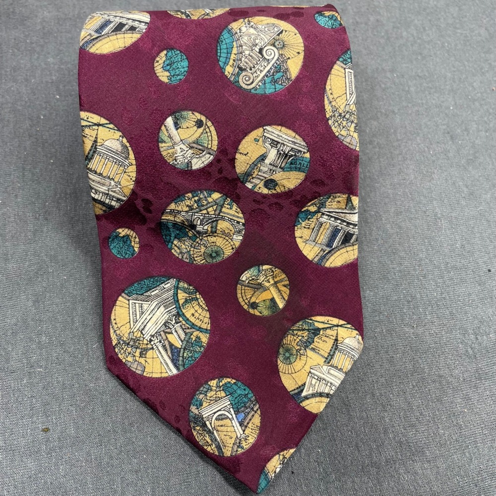 Structure Men Tie Silk Burgundy Architecture Greek Roman Column Vintage 90s Wide